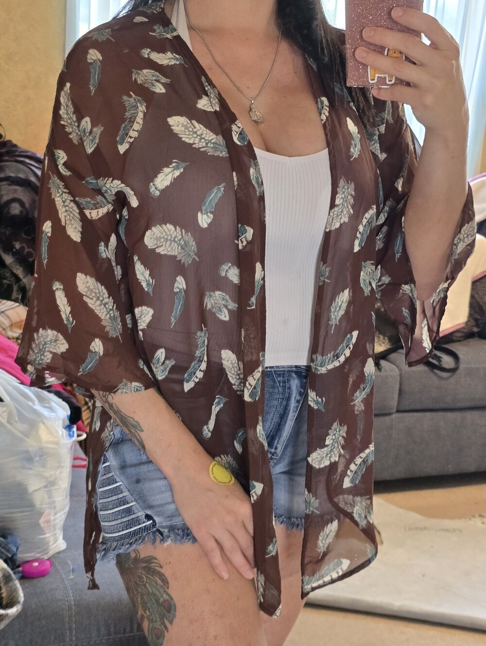 Peach Love California Brown Sheer Feather-Print Kimono